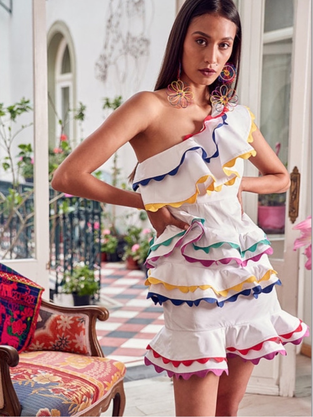 CeliaB Luna Dress White One-Shoulder Mini Multicolor Ruffle Trim Size Medium